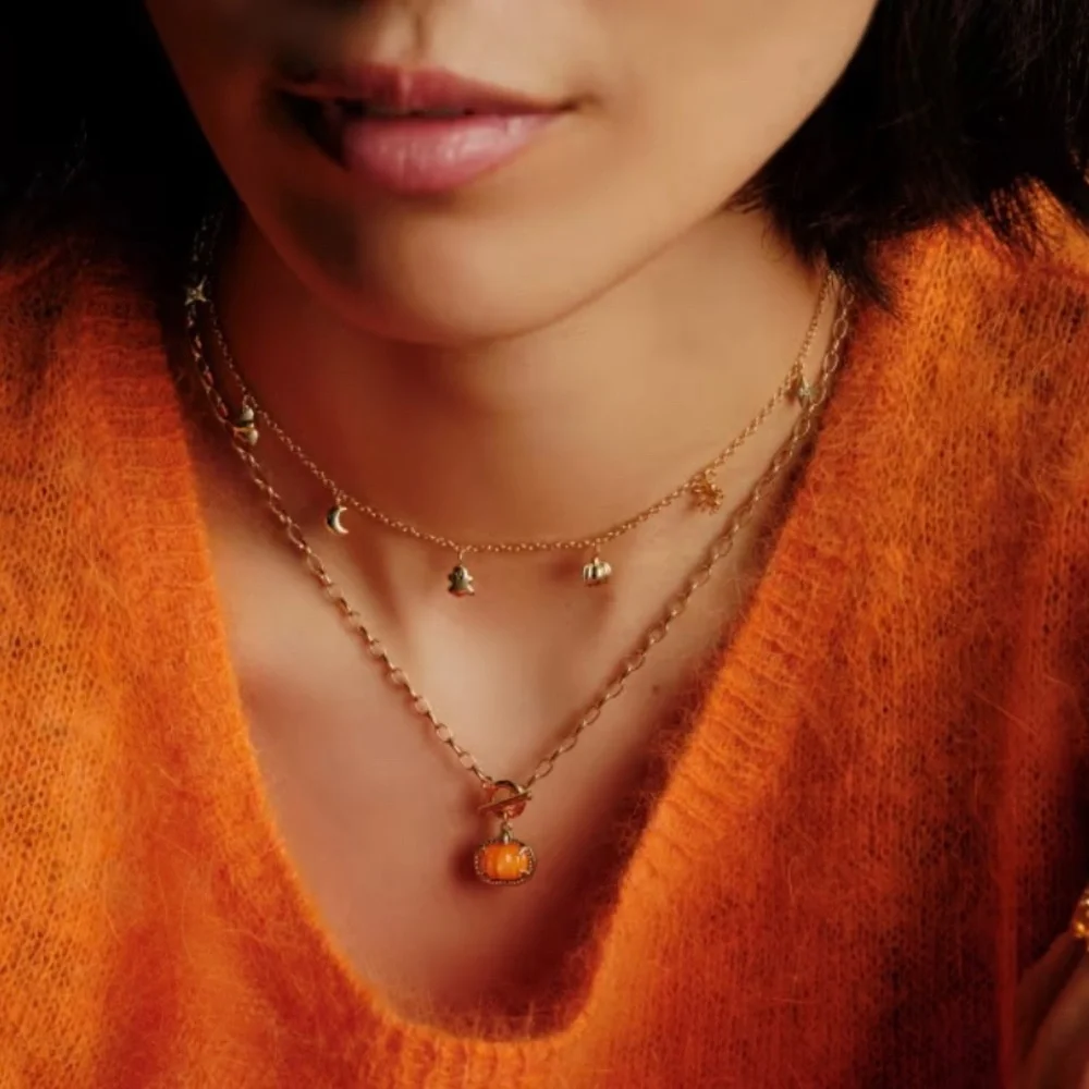 Kendra Scott Pumpkin Gold Link and Chain Necklace in Orange Mother-of-Pearl - Picture 2 of 7